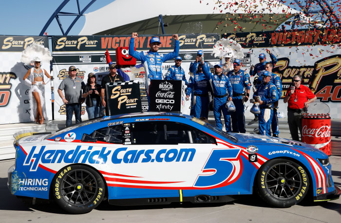 Kyle Larson and the No. 5 Hendrick Motorsports team celebrate in victory lane after Larson won Sunday's NASCAR Cup playoff race at Las Vegas, giving him an automatic berth into the Championship 4 round. (Photo by Chris Graythen/Getty Images)